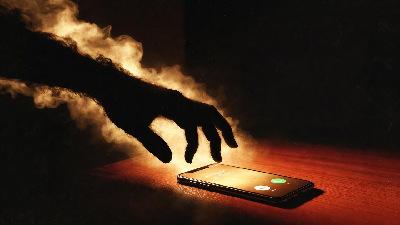 A shadowy hand reaching for a ringing phone — the threat of phone scams