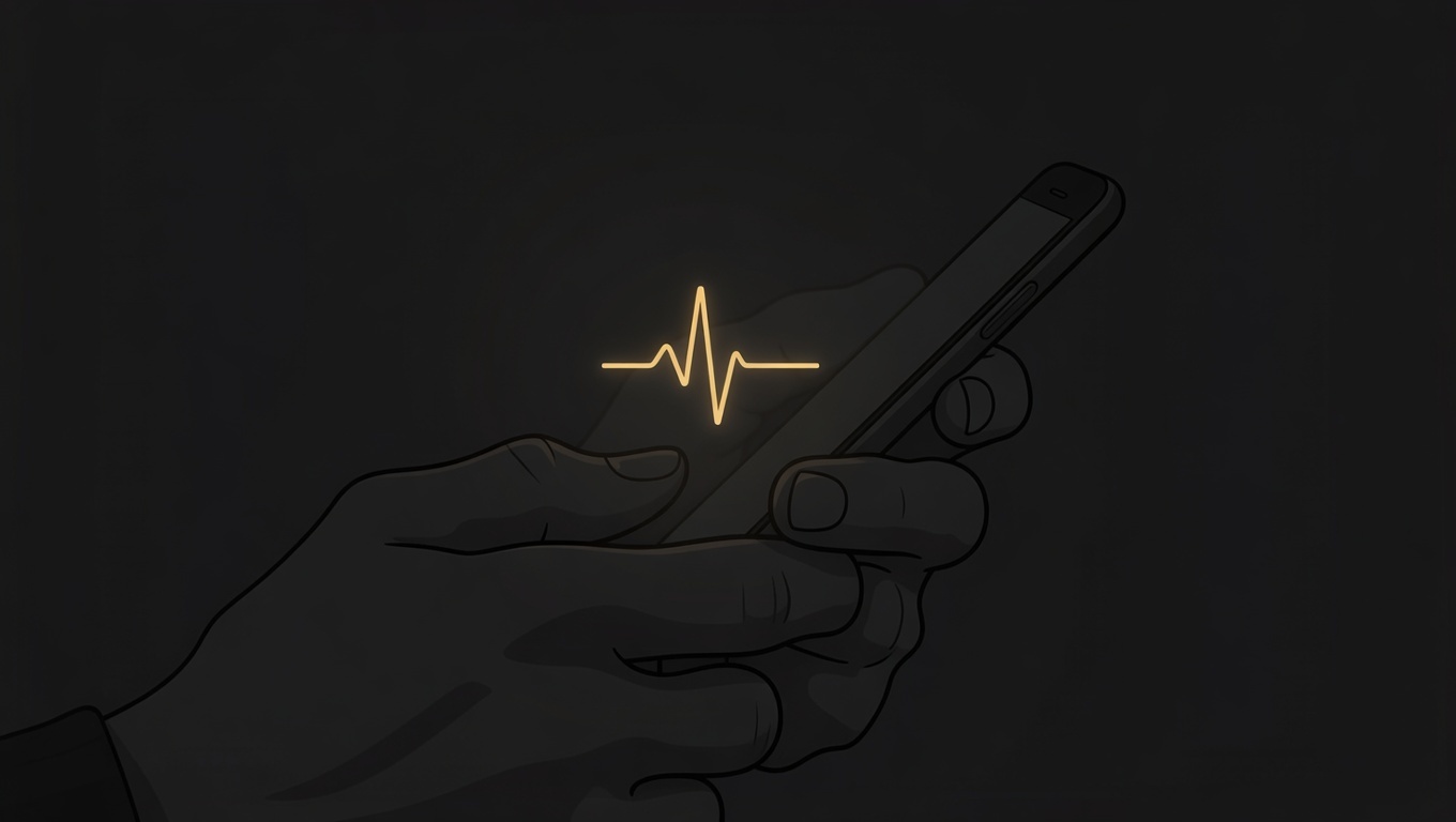 Hand holding a phone with a heartbeat signal — passive monitoring in action