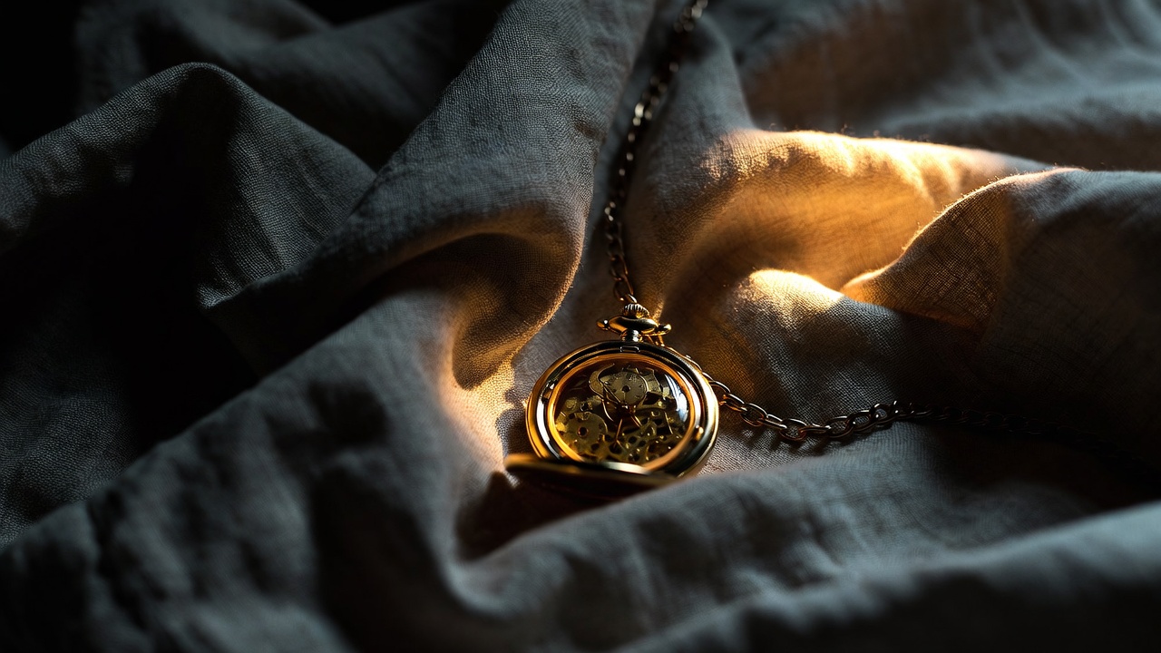 Pocket watch resting on soft linen fabric